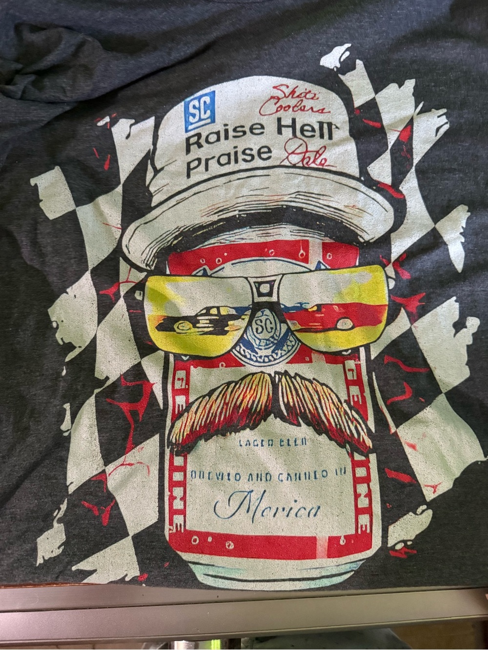 SHITI Coolers Raise Hell Praise Dale Beer Can Racing Graphic Tee XL